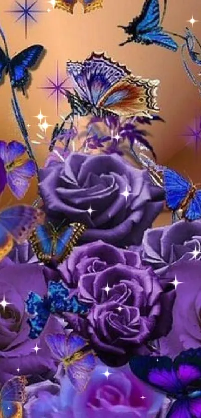 Purple roses and butterflies in a vibrant art design for mobile wallpaper.