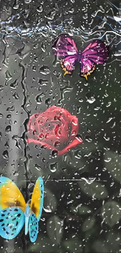 Vibrant butterflies and a red rose on a dark abstract background.