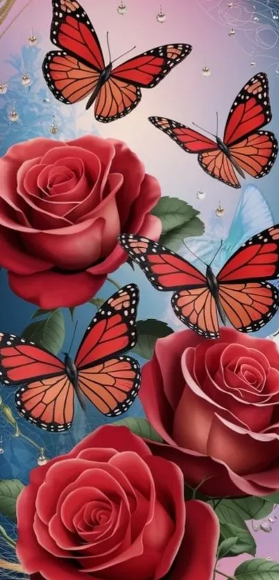 Red roses and butterflies mobile wallpaper with elegant floral design.