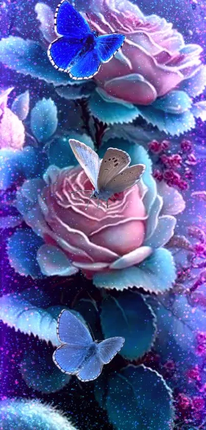 Blue butterflies on pink roses with a cosmic background theme.