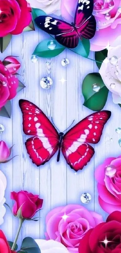 Vibrant red and pink butterflies and roses on a wooden background.