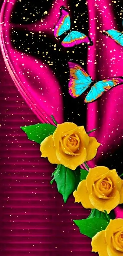 Magenta wallpaper with butterflies and yellow roses.