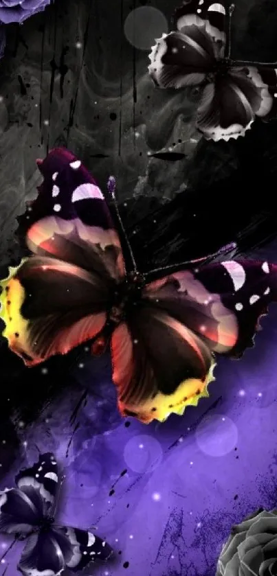 Vibrant butterflies and dark roses on a purple and black background mobile wallpaper.