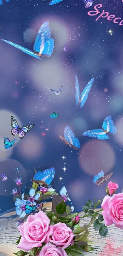 Mobile wallpaper with blue butterflies and pink roses on a dreamy background.