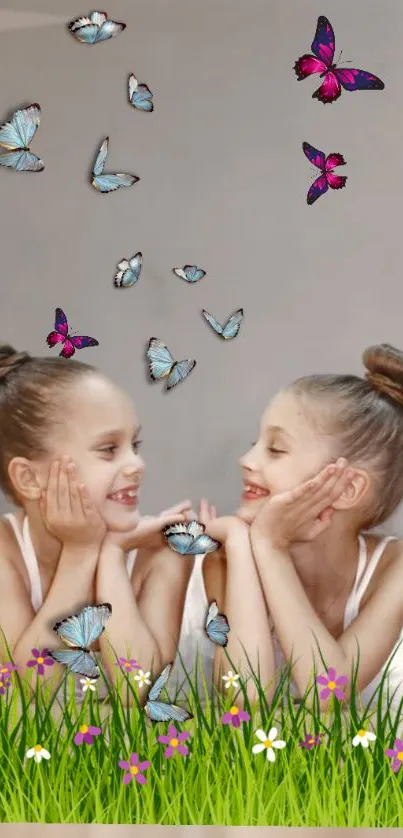 Two smiling girls with butterflies in serene nature backdrop.