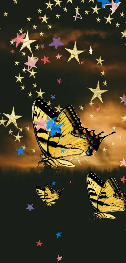 Butterflies with starry night background on mobile wallpaper.