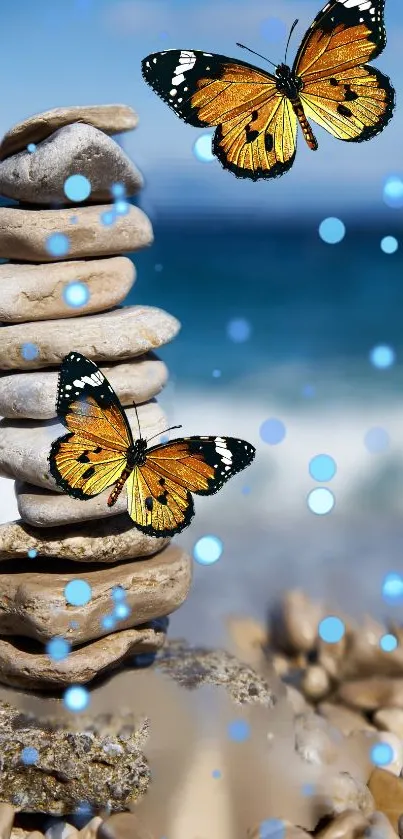 Butterflies resting on stacked stones with a blue bokeh effect by the ocean.