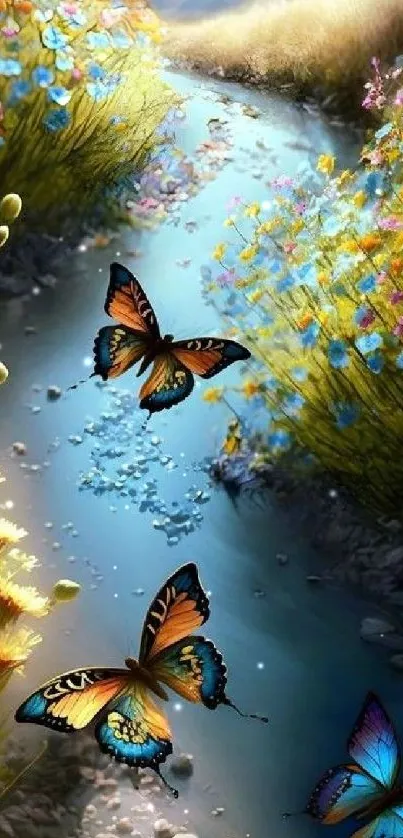 Vibrant butterflies flutter over a serene mountain stream.