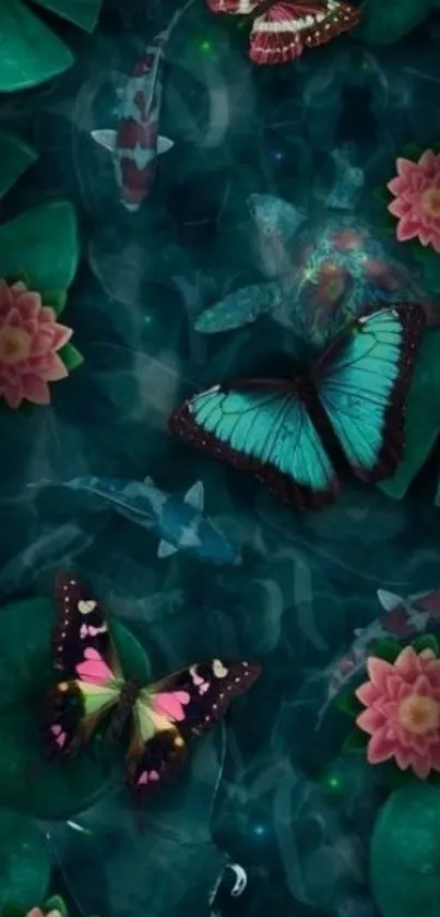 Butterflies and water lilies on dark water background wallpaper.