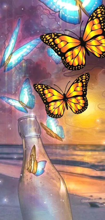 Colorful butterflies fly from a bottle at the beach during sunset.