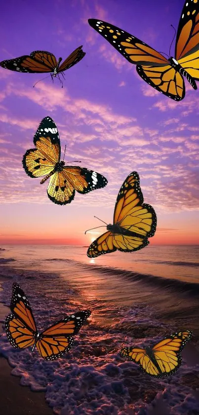 Vibrant butterflies fluttering over a sunset-lit beach.