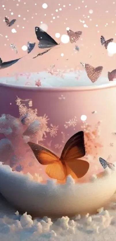 Whimsical pastel teacup with butterflies in a dreamy mobile wallpaper.