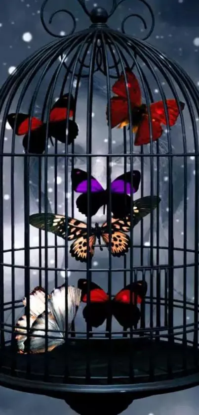 Mobile wallpaper of vibrant butterflies in a dark, whimsical cage setting.