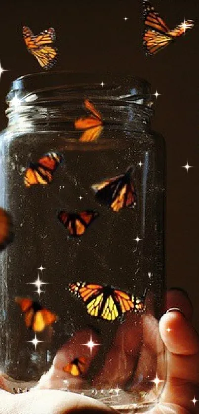 Vibrant butterflies flutter inside a glass jar against a dark background.