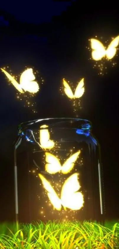 Glowing butterflies flying from a jar at night.