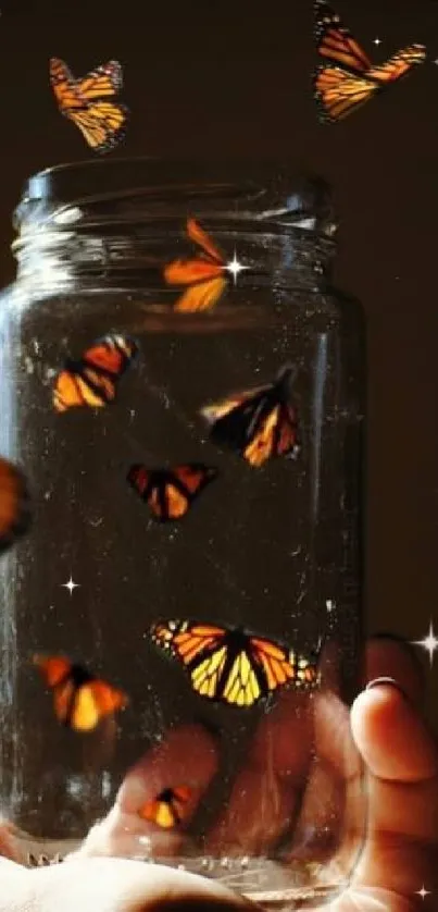 Butterflies in a jar, orange monarchs with brown background.