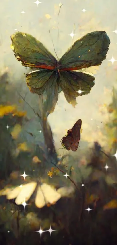 Butterflies flutter in a mystical forest with lush green foliage.