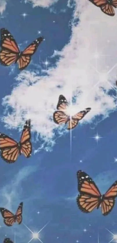 Monarch butterflies flutter through a vibrant blue sky with clouds and stars.