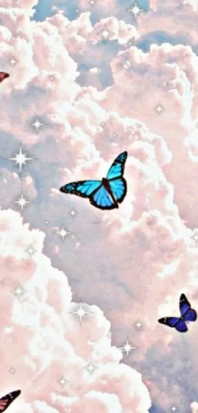 Mobile wallpaper with butterflies and pink clouds.