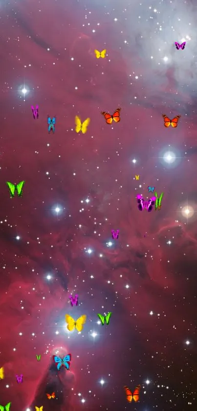 Cosmic wallpaper with colorful butterflies and a starry nebula background.