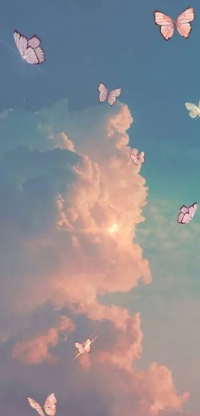 Butterflies flutter above dreamy clouds in pastel hues.