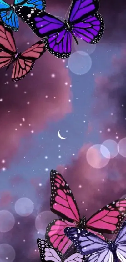 Vibrant butterflies fluttering in a dreamy night sky with purple clouds and a crescent moon.