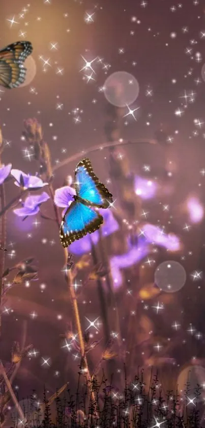 Butterflies flutter among glowing flowers in a twilight meadow scene.