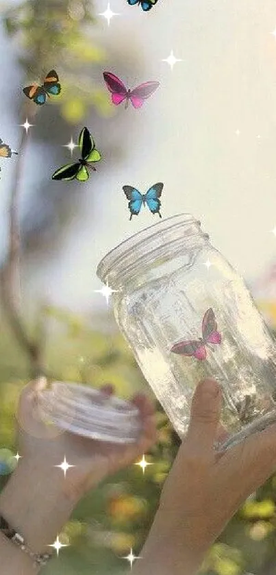 Butterflies escaping from a glass jar in nature.