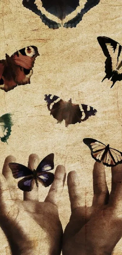 A serene image of butterflies flying out of hands against a rustic background.