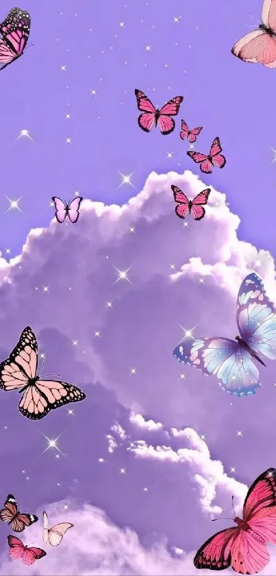 Lavender sky with butterflies and fluffy clouds.