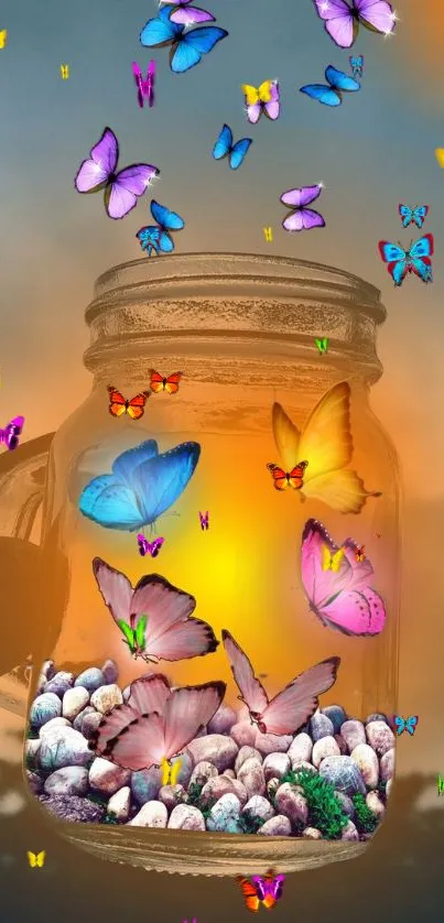 Colorful butterflies flying out of a glowing mason jar in a dreamy sky.