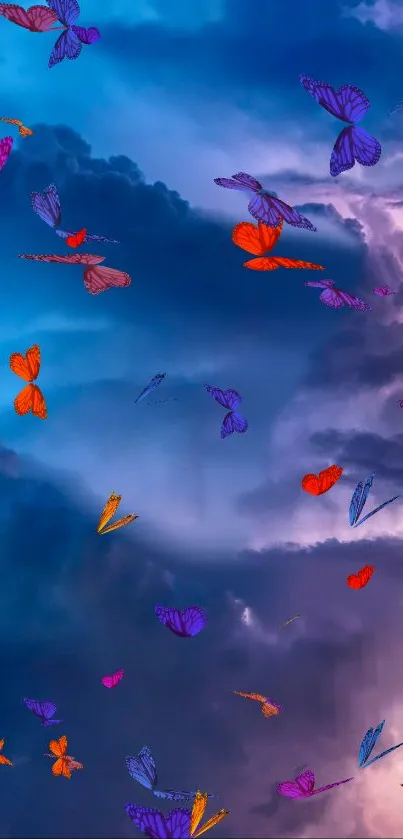 Colorful butterflies flutter against a dramatic, cloudy blue sky.