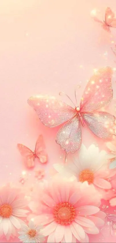 Delicate butterflies among pastel flowers on a light pink background.