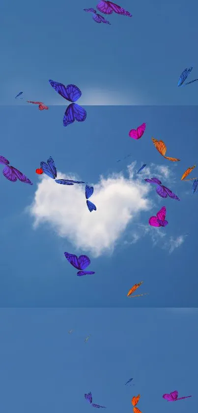 Heart-shaped cloud with butterflies in a vibrant blue sky.