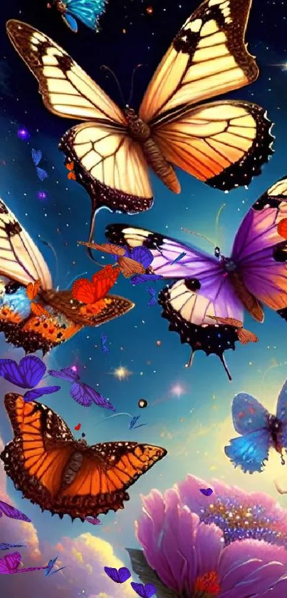 Vibrant butterflies flutter in a starry night sky, surrounded by cosmic lights.