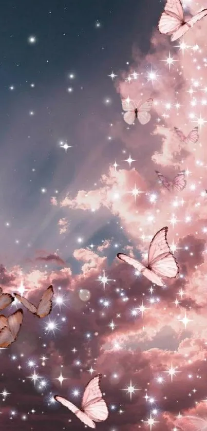 Enchanting wallpaper with butterflies in starry sky.