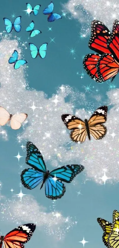 Colorful butterflies flying in a glittery sky with clouds.