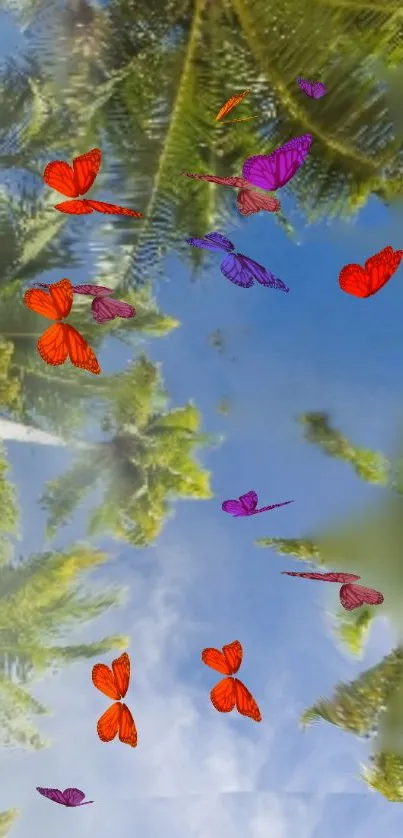 Colorful butterflies fluttering in a tropical sky among palm trees.