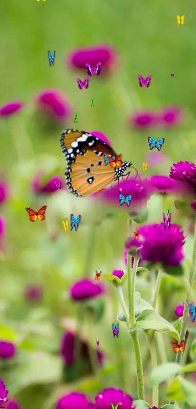 Butterflies fluttering over pink flowers in a green meadow.