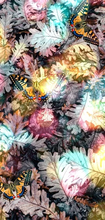 Butterflies on colorful autumn leaves with vibrant lighting.