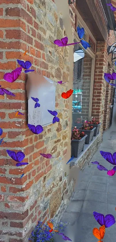 Vibrant butterflies on a rustic brick wall in urban setting.