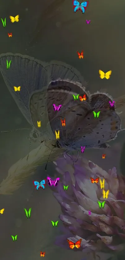 Butterfly on flower with vibrant neon butterflies.