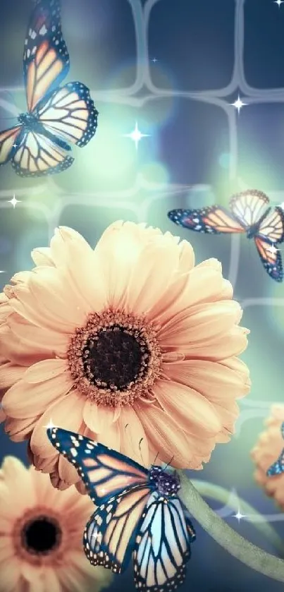 Butterflies on flowers with blue background wallpaper.