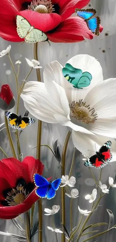 Vibrant butterflies on red and white flowers with a grayscale background.