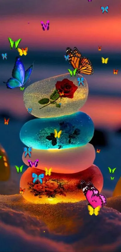 Colorful butterflies on glowing stones at sunset.