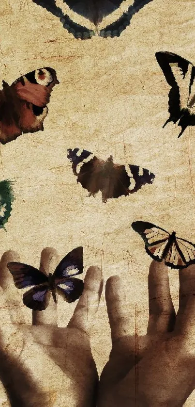 Sepia-toned wallpaper of hands releasing butterflies.