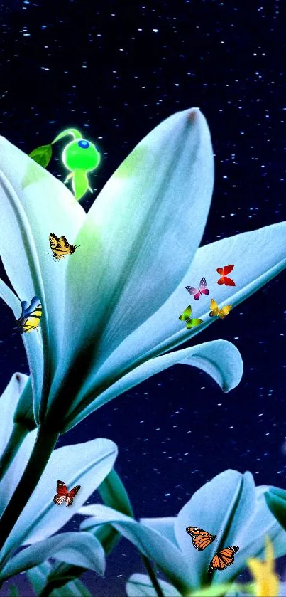 Enchanting lily with butterflies under a starry night sky wallpaper.