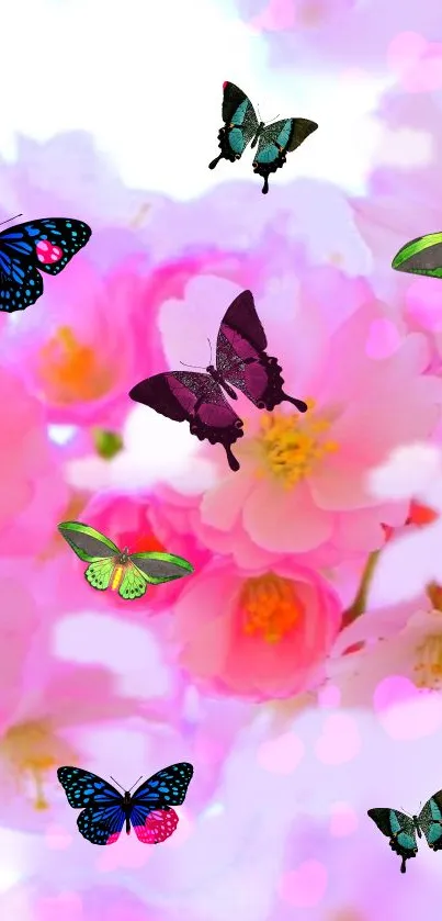 Colorful butterflies on pink flowers wallpaper.