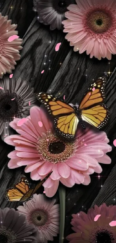 Pink flowers with butterflies on a dark wood background.