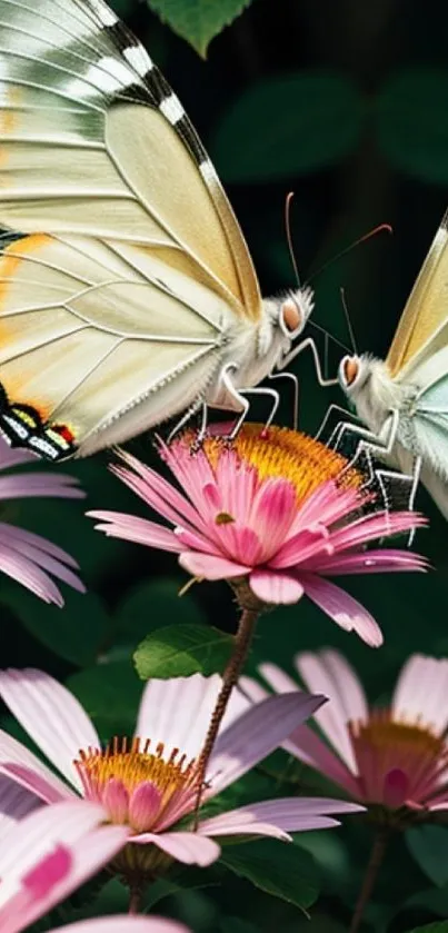 Two butterflies resting on pink flowers among green leaves.